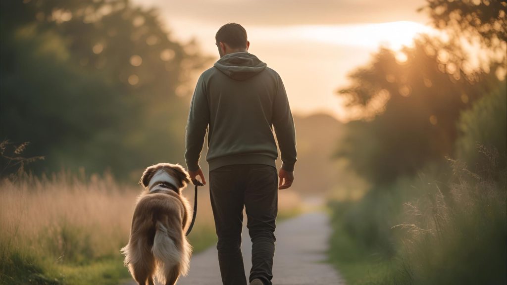 man-walking-with-a-dog-cultivating-awareness-and-presence